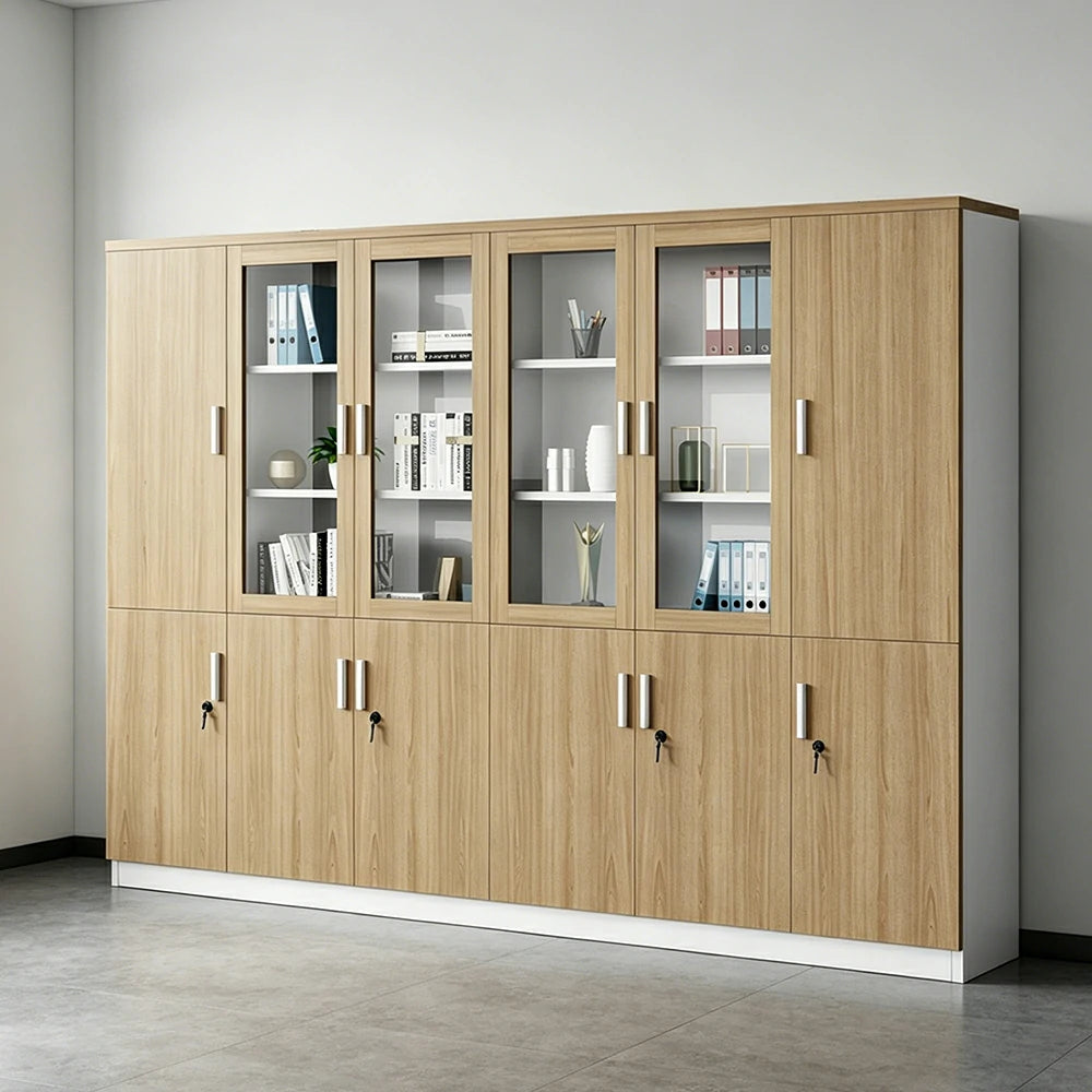 LUXORA 6 Door Bookcase with Glass Display Shelves Office Storage Cabinet - Oak