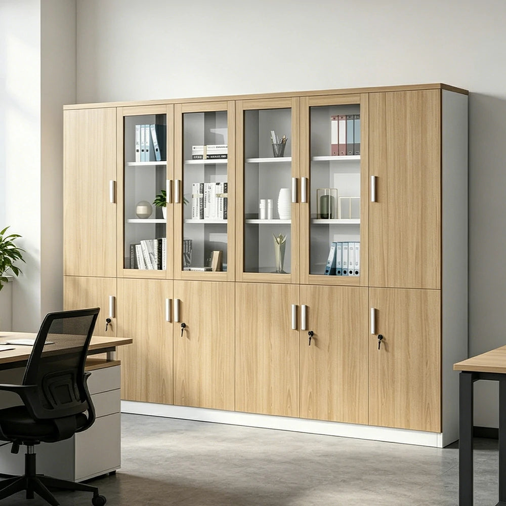 LUXORA 6 Door Bookcase with Glass Display Shelves Office Storage Cabinet - Oak
