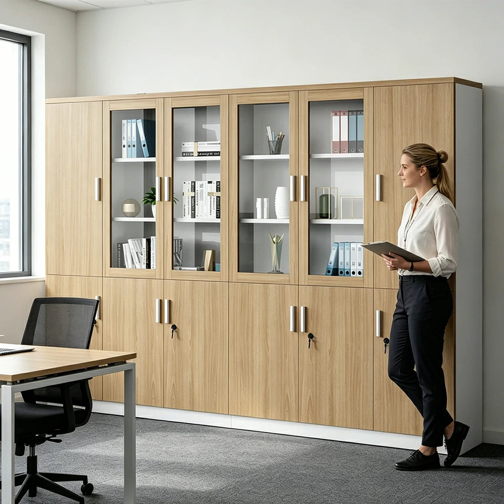 LUXORA 6 Door Bookcase with Glass Display Shelves Office Storage Cabinet - Oak