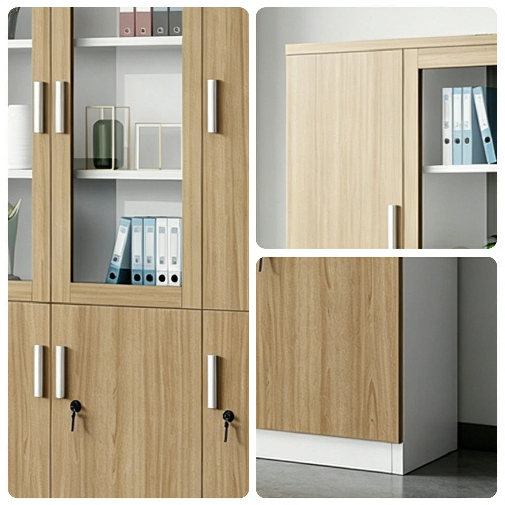 LUXORA 6 Door Bookcase with Glass Display Shelves Office Storage Cabinet - Oak