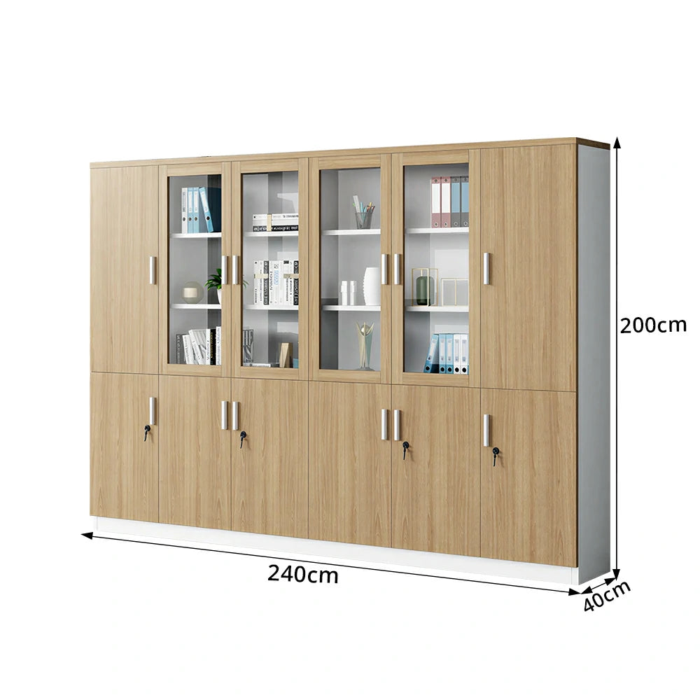 LUXORA 6 Door Bookcase with Glass Display Shelves Office Storage Cabinet - Oak