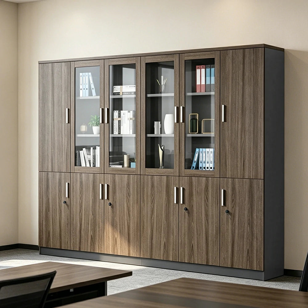 LUXORA 6 Door Bookcase Large Office Storage Cabinet with Glass Doors - Walnut