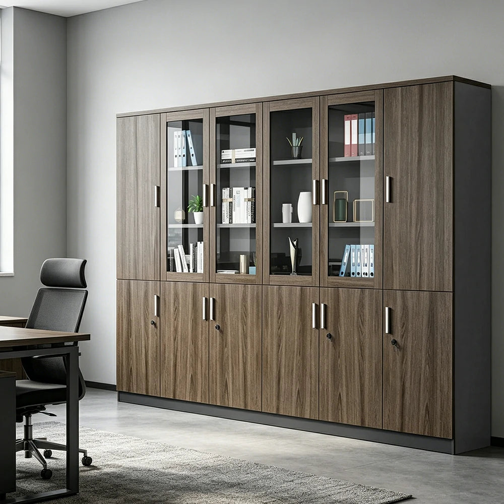 LUXORA 6 Door Bookcase Large Office Storage Cabinet with Glass Doors - Walnut