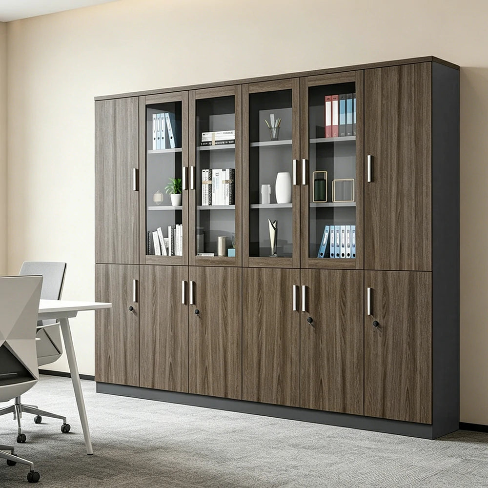 LUXORA 6 Door Bookcase Large Office Storage Cabinet with Glass Doors - Walnut