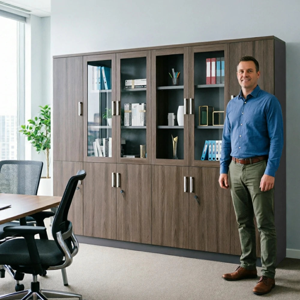 LUXORA 6 Door Bookcase Large Office Storage Cabinet with Glass Doors - Walnut