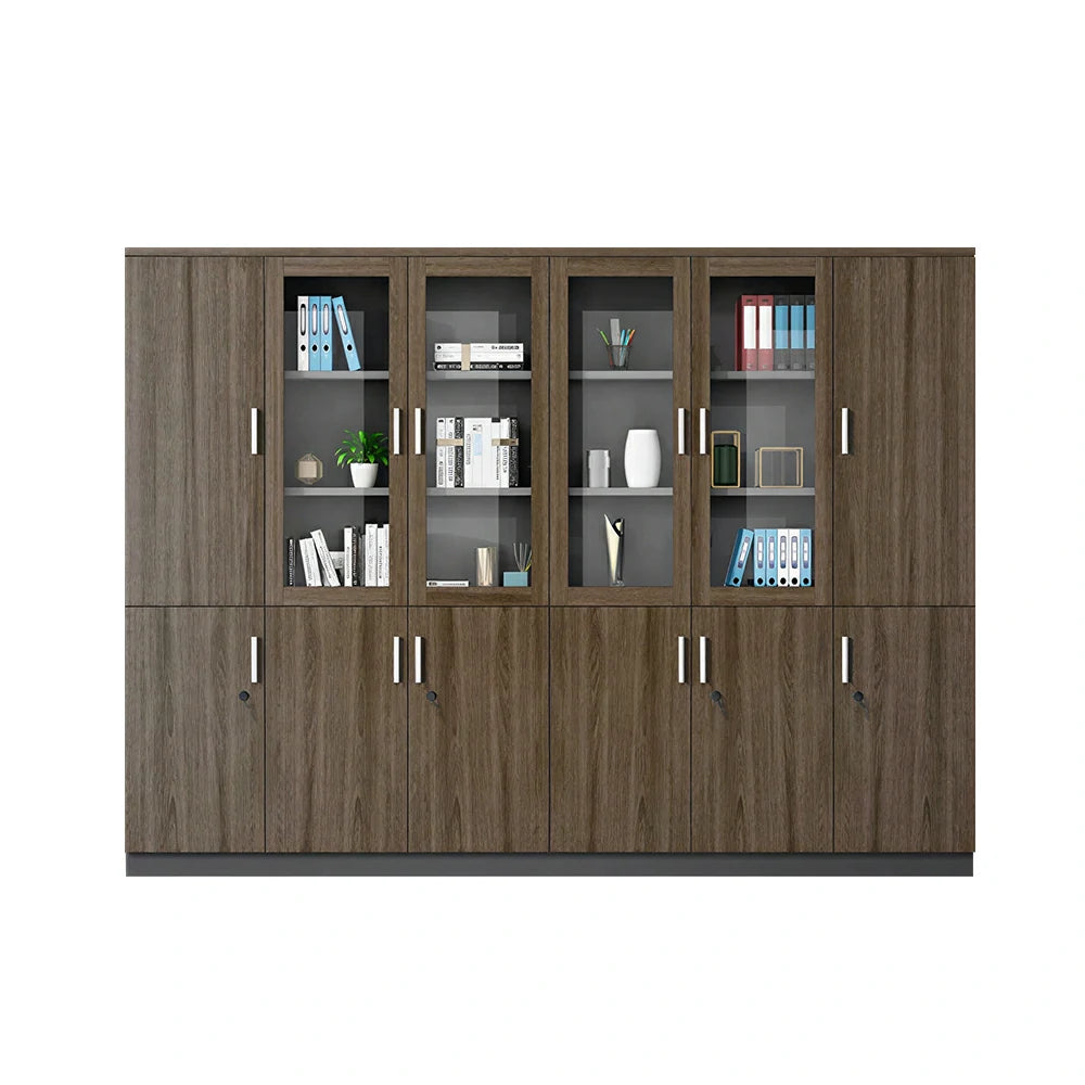 LUXORA 6 Door Bookcase Large Office Storage Cabinet with Glass Doors - Walnut