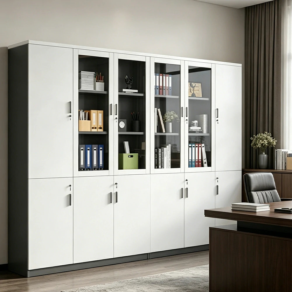 LUXORA 6 Door Bookcase Large Office Storage Cabinet with Glass Doors - Warm White