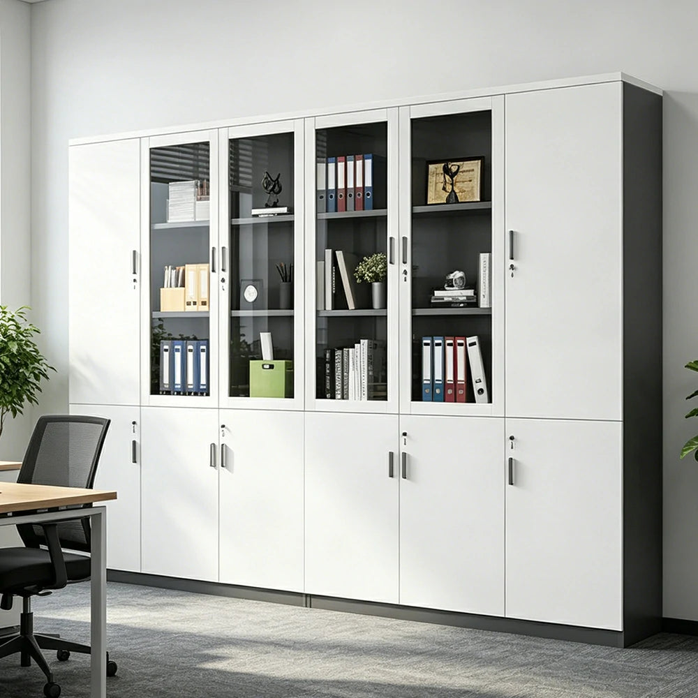 LUXORA 6 Door Bookcase Large Office Storage Cabinet with Glass Doors - Warm White