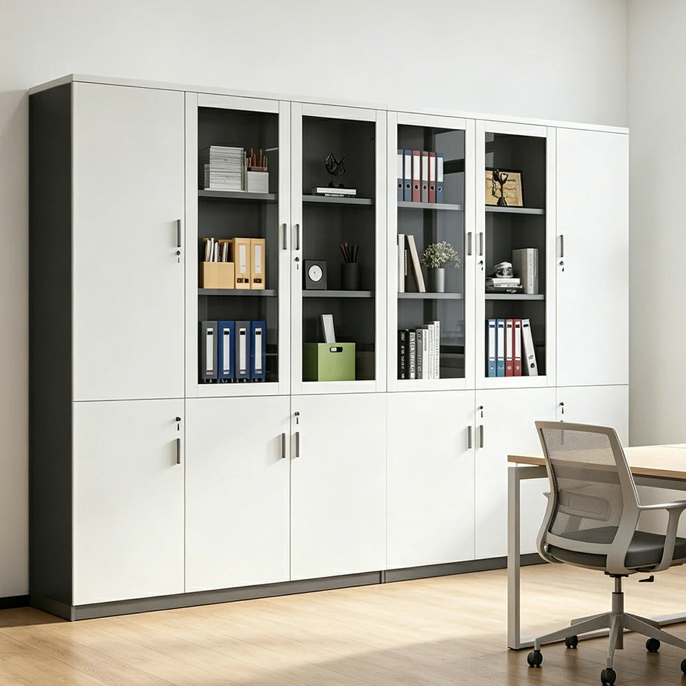 LUXORA 6 Door Bookcase Large Office Storage Cabinet with Glass Doors - Warm White