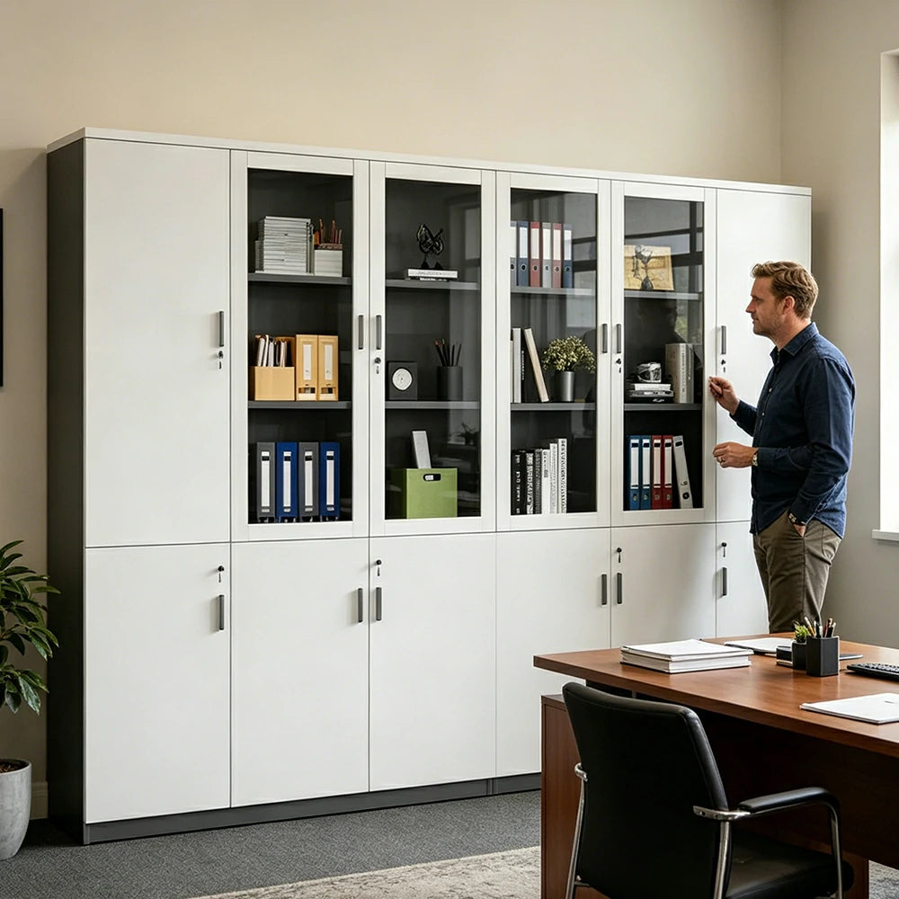 LUXORA 6 Door Bookcase Large Office Storage Cabinet with Glass Doors - Warm White