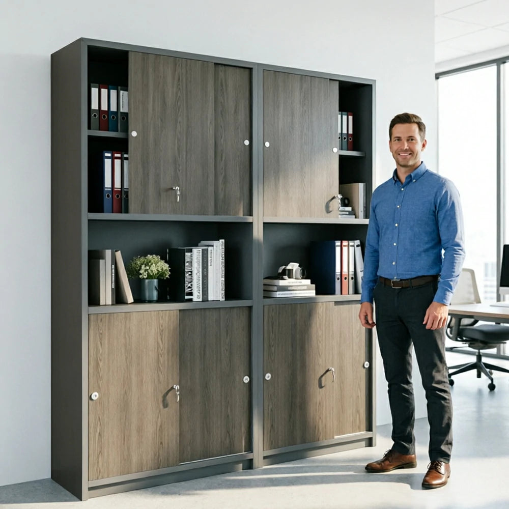 LUXORA Four Door Office Storage Cabinet with File Shelves for Study Office - Walnut