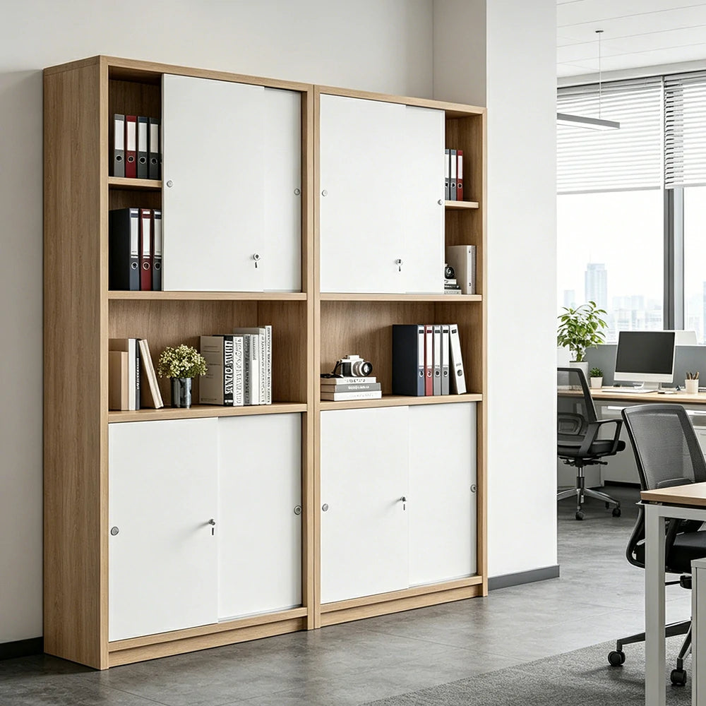LUXORA Four Door Office Storage Cabinet with File Shelves for Study Office - European Oak