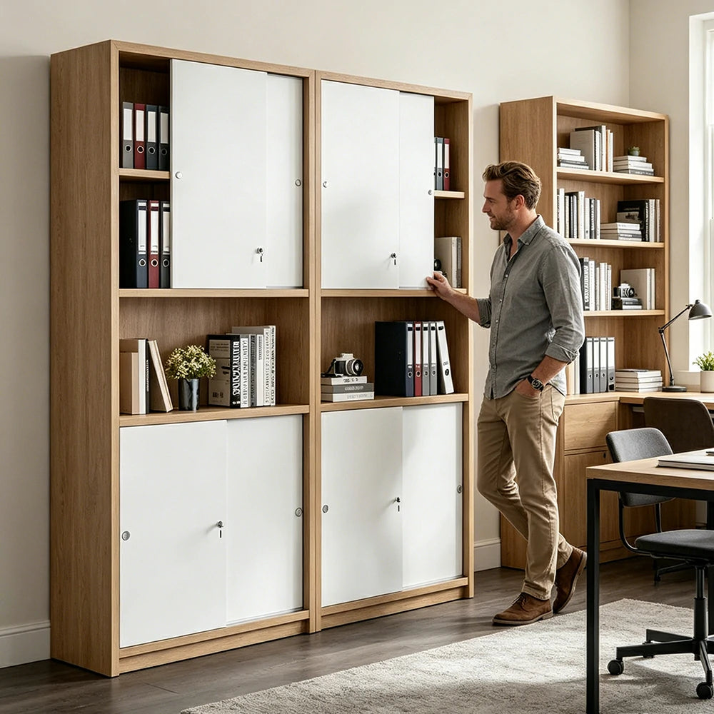 LUXORA Four Door Office Storage Cabinet with File Shelves for Study Office - European Oak