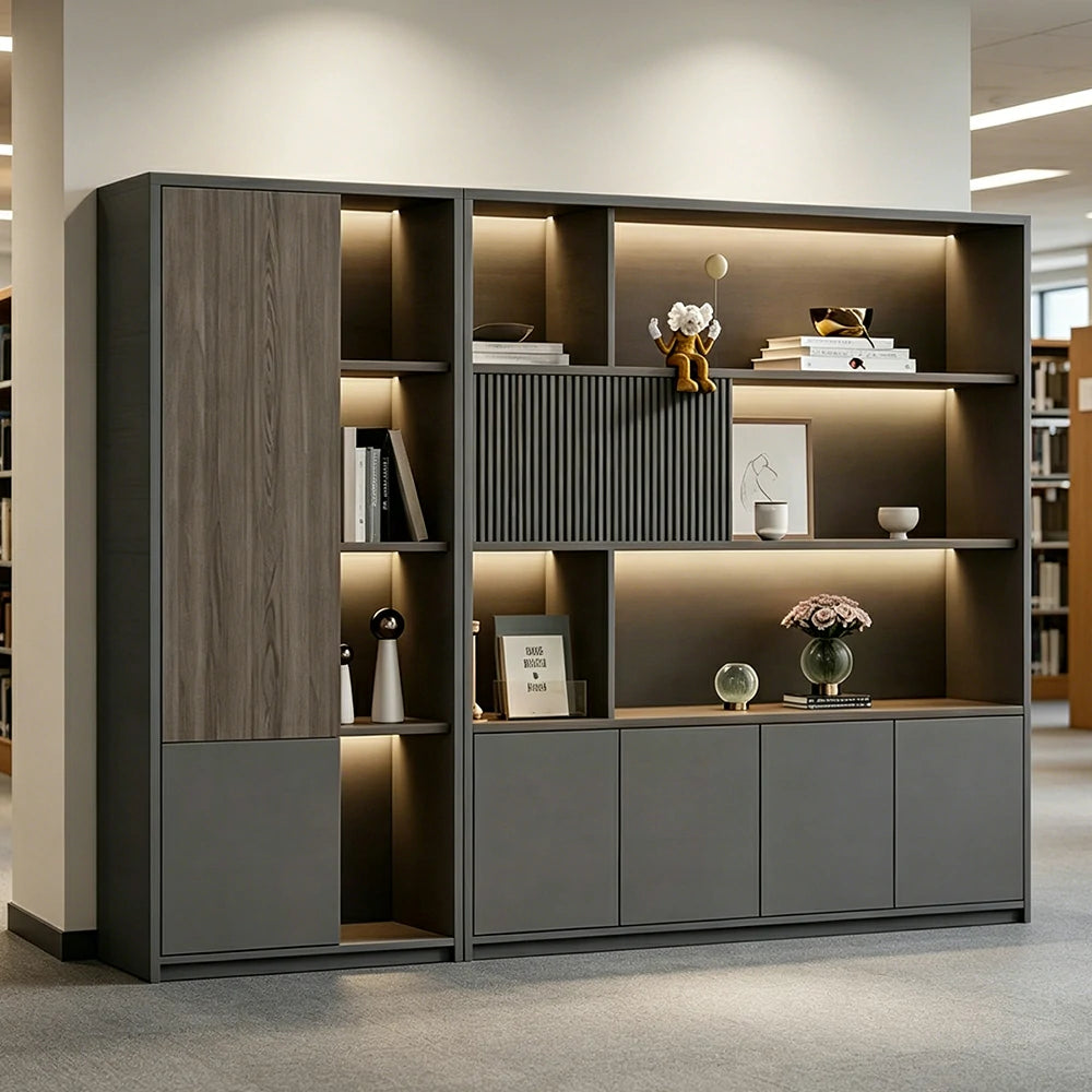 LUXORA Office Storage Cabinet with Voice Control LED Lights and File Shelves for Study Office—Grey