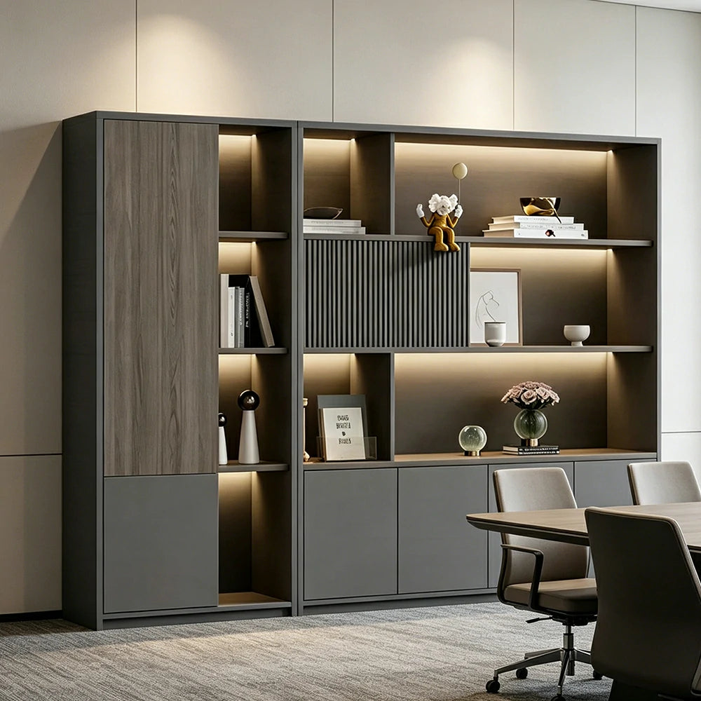 LUXORA Office Storage Cabinet with Voice Control LED Lights and File Shelves for Study Office—Grey