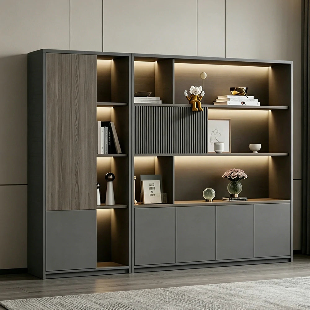 LUXORA Office Storage Cabinet with Voice Control LED Lights and File Shelves for Study Office—Grey