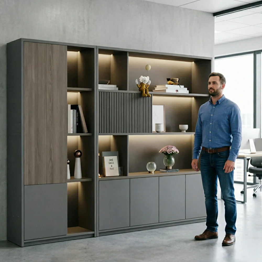 LUXORA Office Storage Cabinet with Voice Control LED Lights and File Shelves for Study Office—Grey
