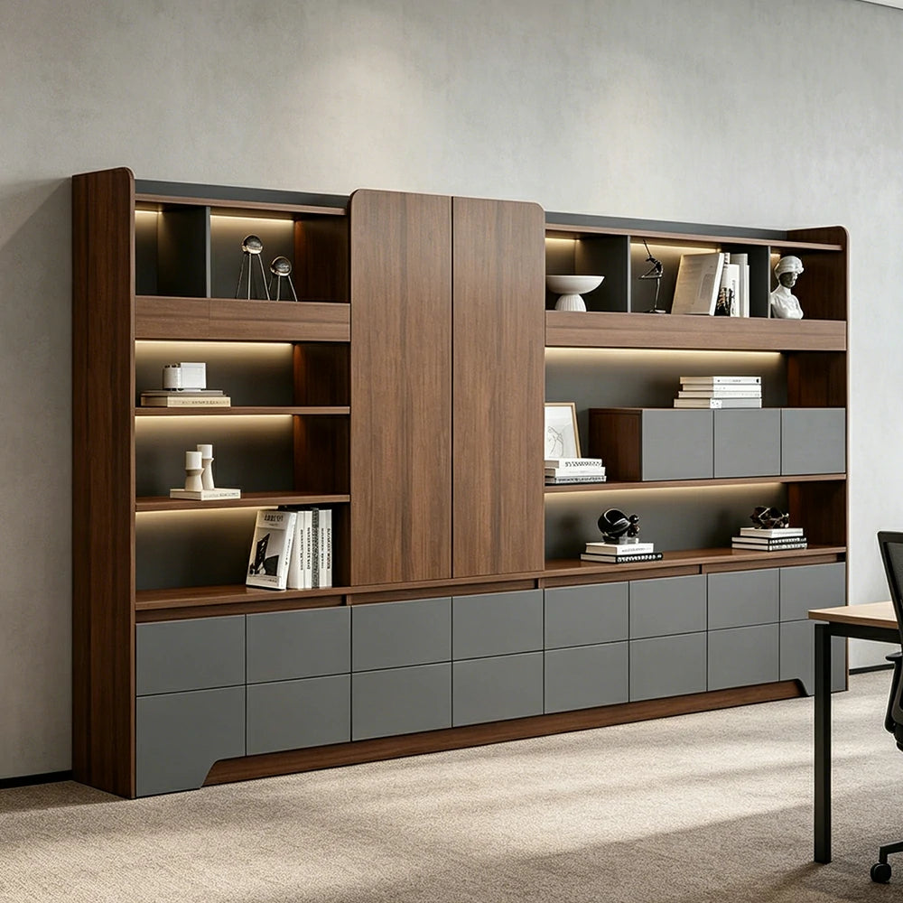 LUXORA 3.2m Office File Cabinet - LED Storage Cabinet for Office Study Room - Walnut Grey