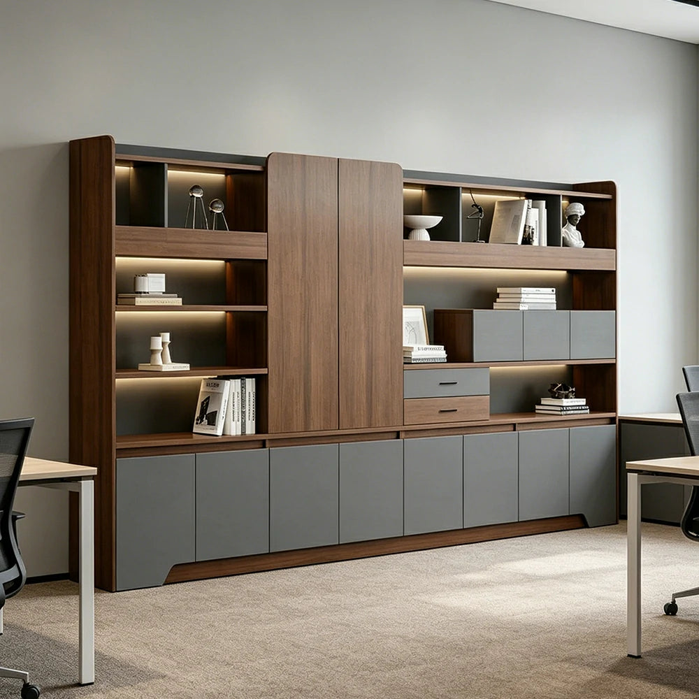 LUXORA 3.2m Office File Cabinet - LED Storage Cabinet for Office Study Room - Walnut Grey