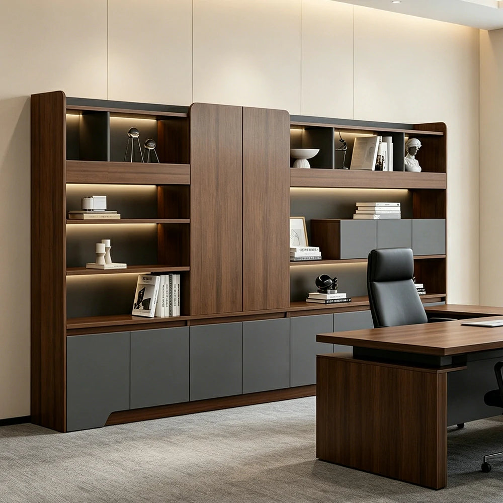 LUXORA 3.2m Office File Cabinet - LED Storage Cabinet for Office Study Room - Walnut Grey