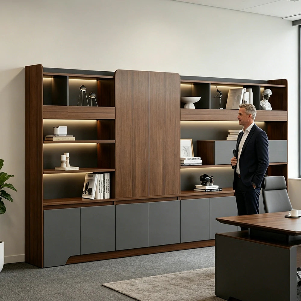 LUXORA 3.2m Office File Cabinet - LED Storage Cabinet for Office Study Room - Walnut Grey