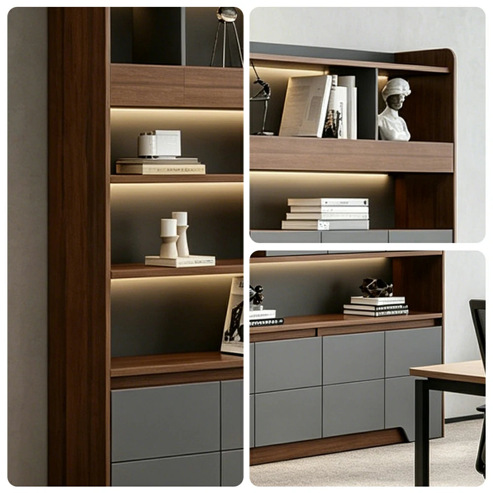 LUXORA 3.2m Office File Cabinet - LED Storage Cabinet for Office Study Room - Walnut Grey
