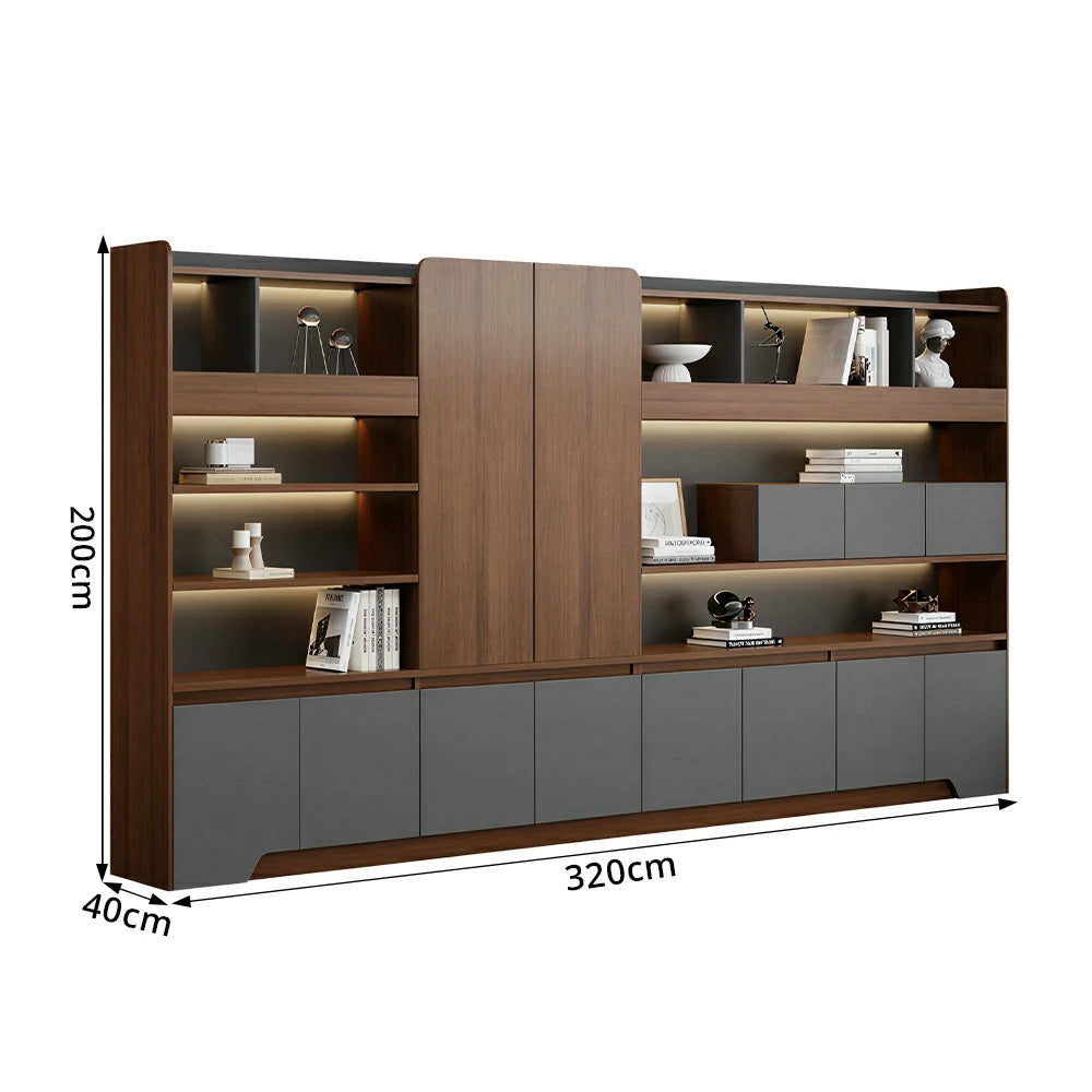 LUXORA 3.2m Office File Cabinet - LED Storage Cabinet for Office Study Room - Walnut Grey