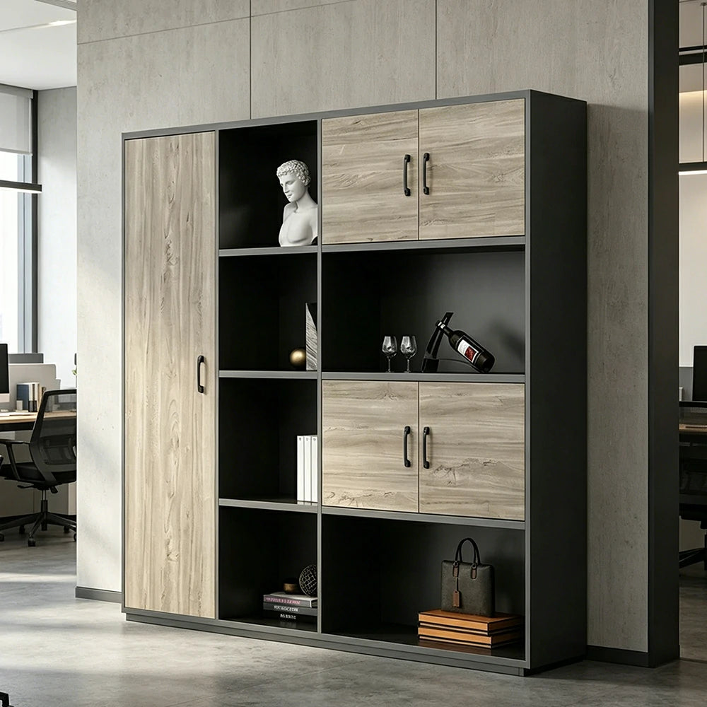 LUXORA 4 Door Bookcase - Modern Storage Cabinet for Office Study Room - Oak Black