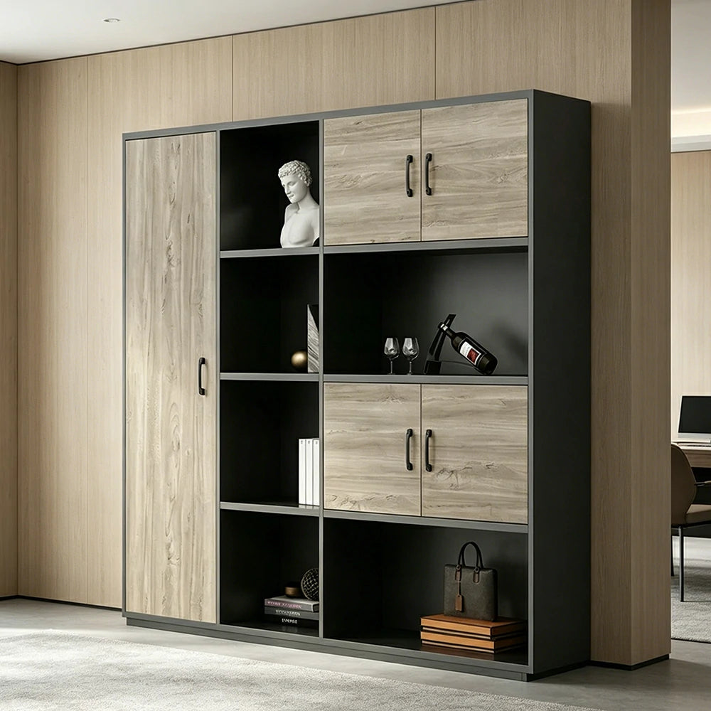 LUXORA 4 Door Bookcase - Modern Storage Cabinet for Office Study Room - Oak Black