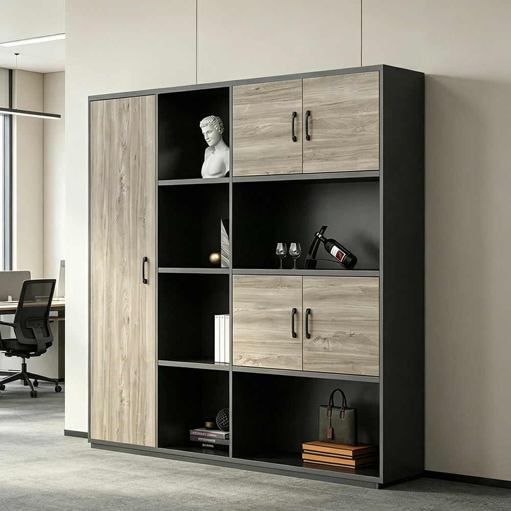 LUXORA 4 Door Bookcase - Modern Storage Cabinet for Office Study Room - Oak Black