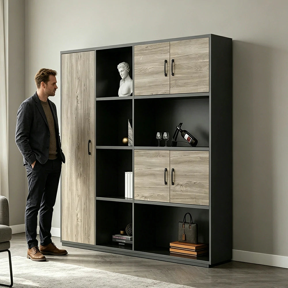 LUXORA 4 Door Bookcase - Modern Storage Cabinet for Office Study Room - Oak Black