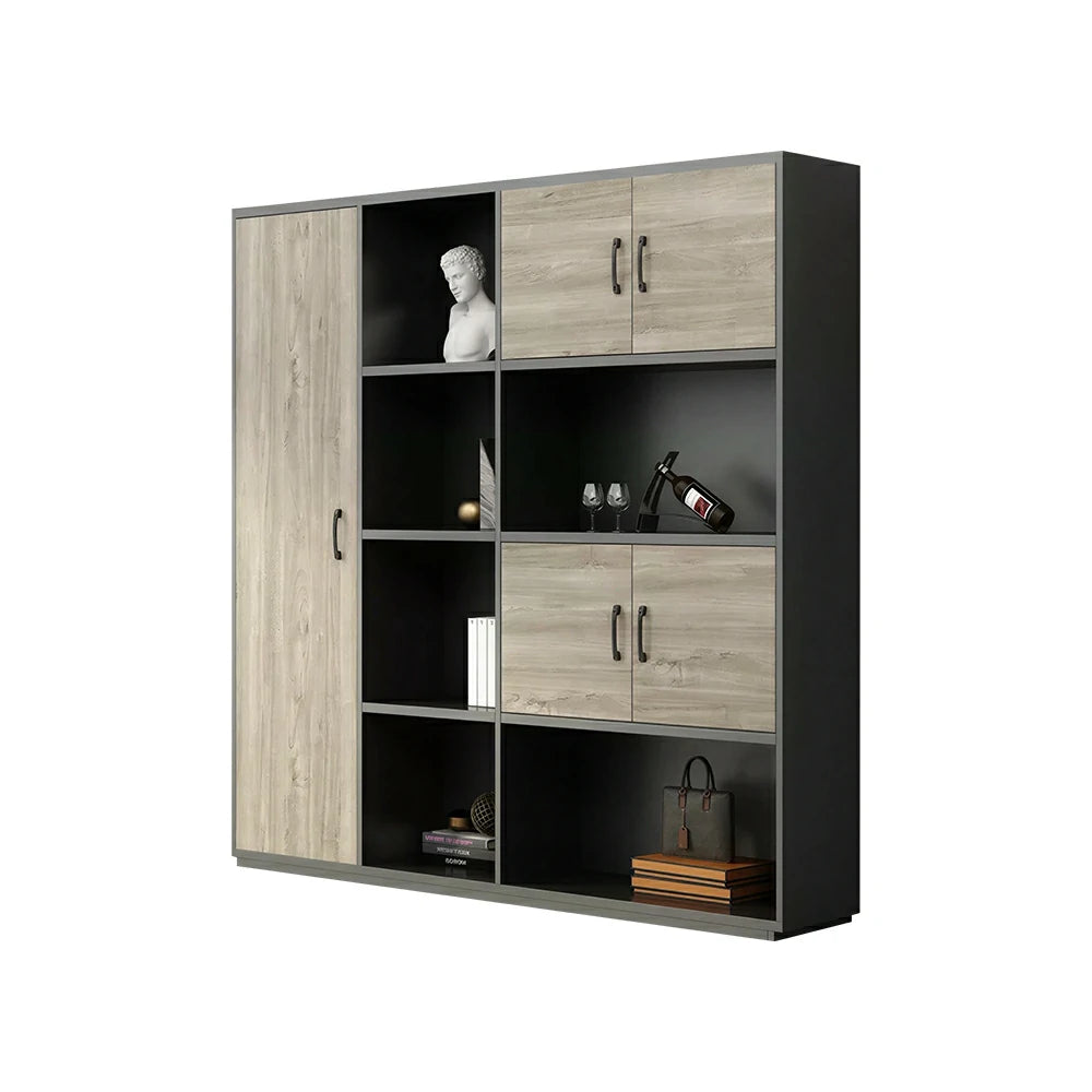 LUXORA 4 Door Bookcase - Modern Storage Cabinet for Office Study Room - Oak Black