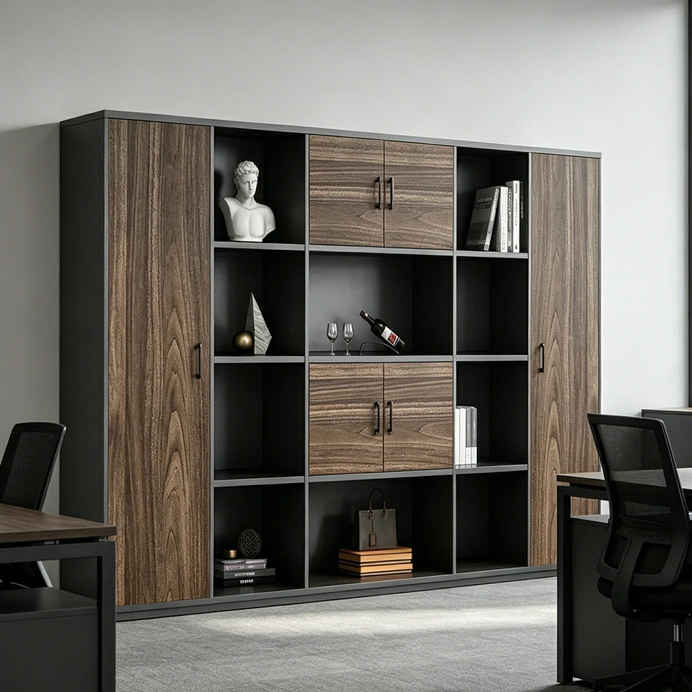 LUXORA 6 Door Bookcase - Modern Storage Cabinet for Office Study Room - Oak Black