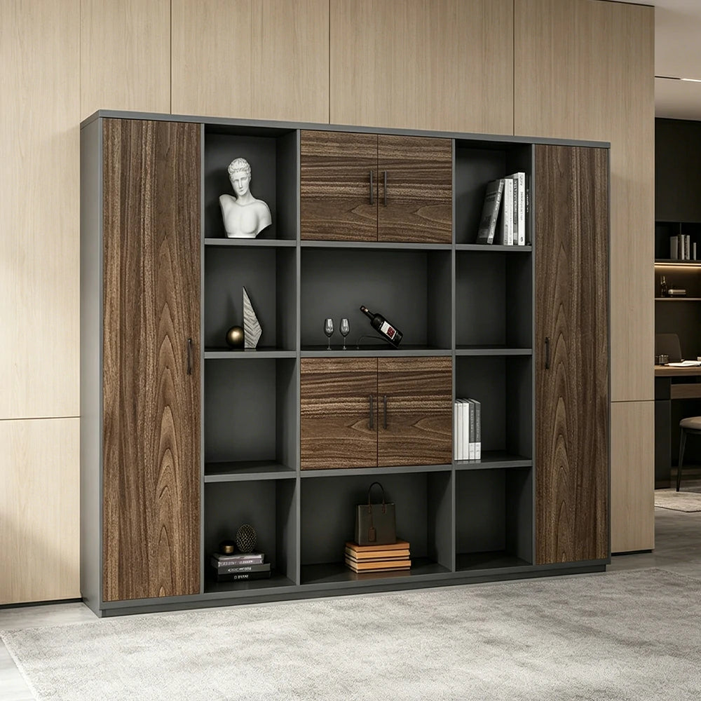 LUXORA 6 Door Bookcase - Modern Storage Cabinet for Office Study Room - Oak Black