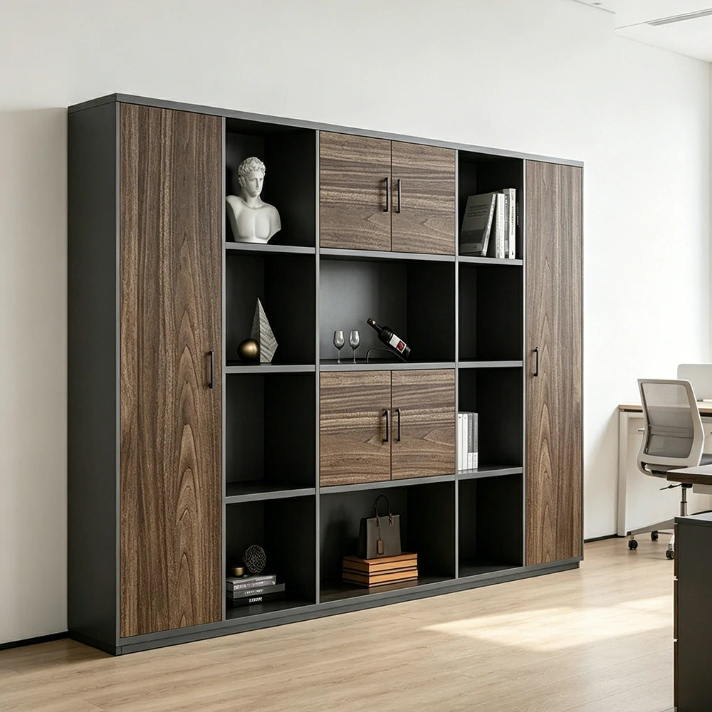 LUXORA 6 Door Bookcase - Modern Storage Cabinet for Office Study Room - Oak Black