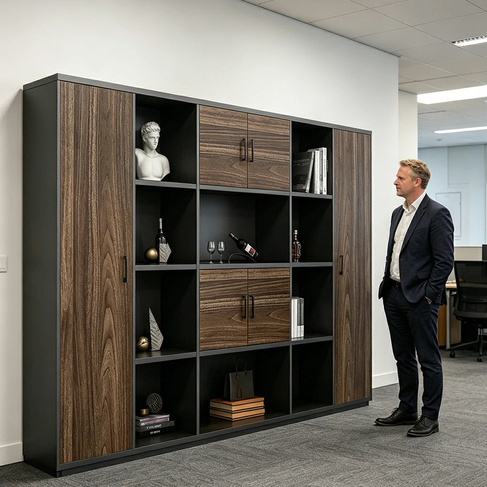 LUXORA 6 Door Bookcase - Modern Storage Cabinet for Office Study Room - Oak Black