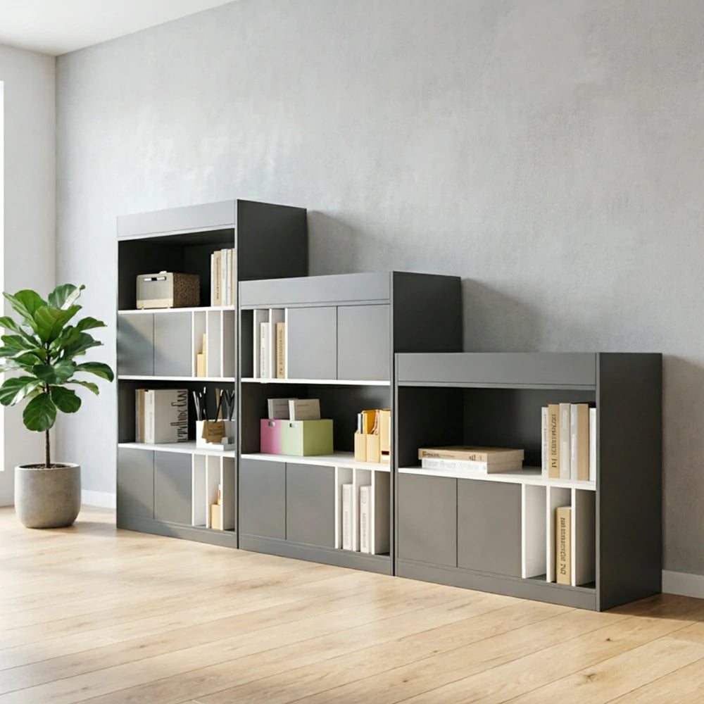 LUXORA Modular Office Storage Cabinet - Multi-Level Display Shelf with Doors - Dark Grey