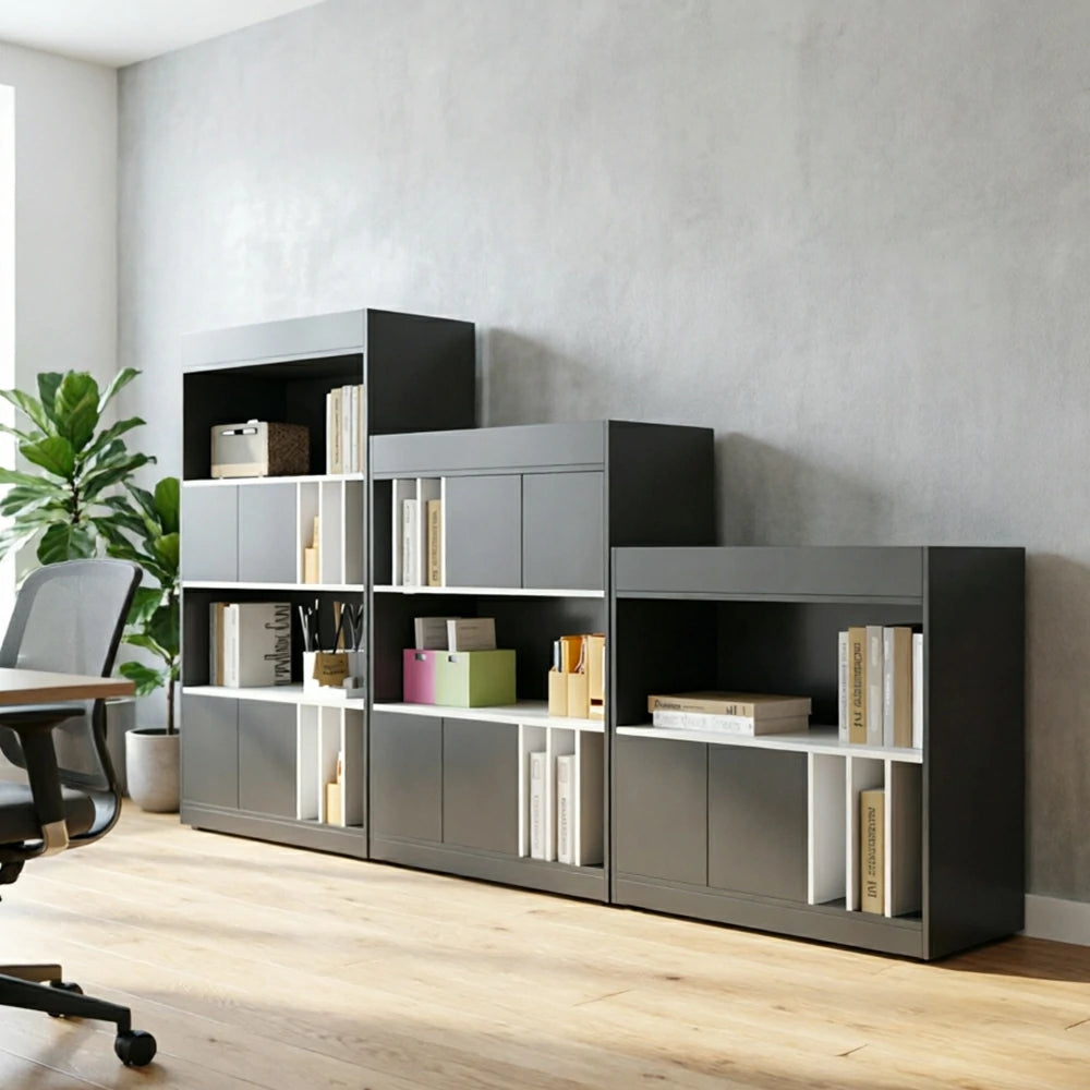 LUXORA Modular Office Storage Cabinet - Multi-Level Display Shelf with Doors - Dark Grey