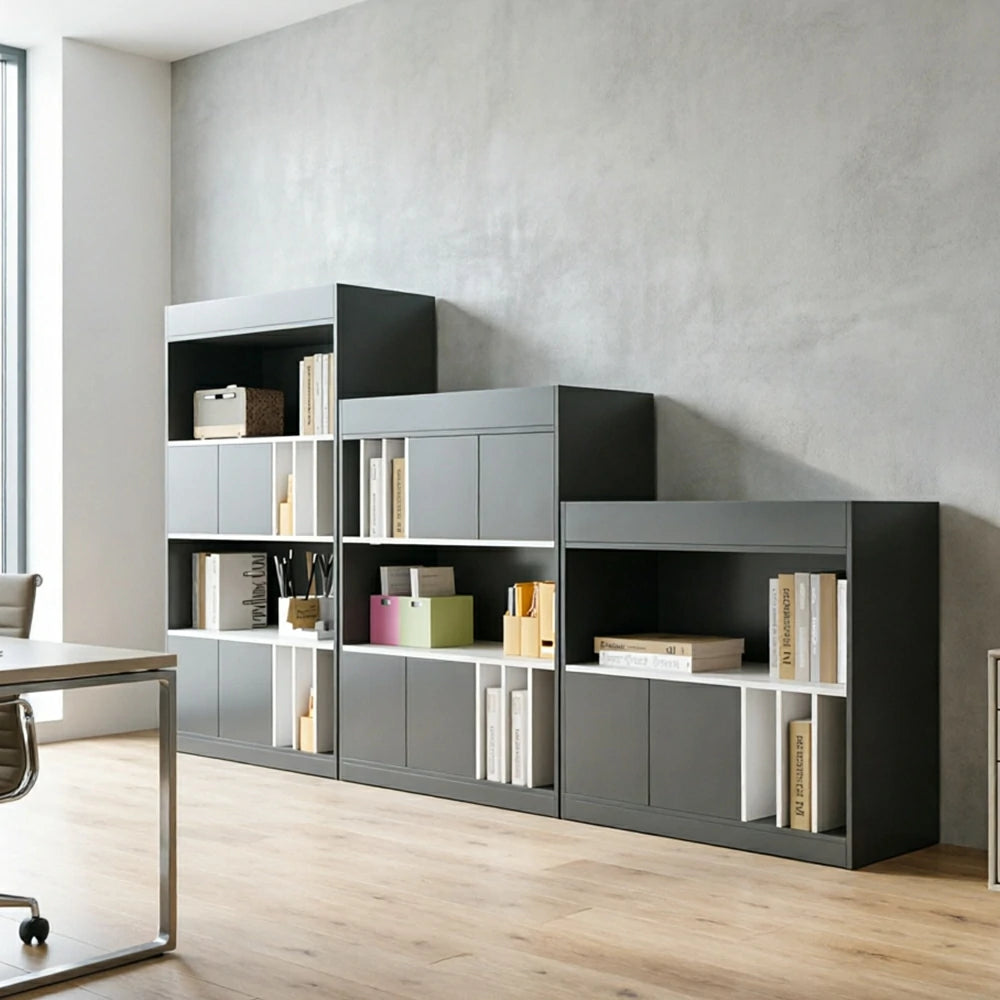 LUXORA Modular Office Storage Cabinet - Multi-Level Display Shelf with Doors - Dark Grey