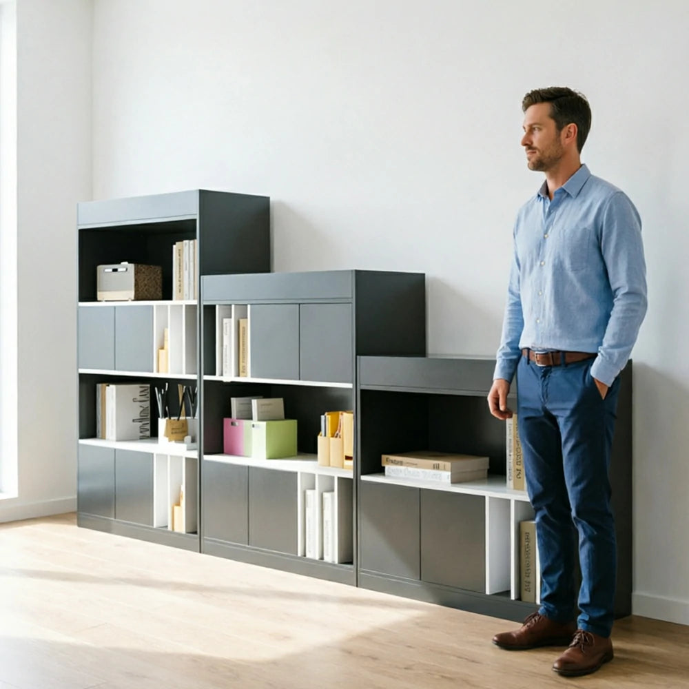 LUXORA Modular Office Storage Cabinet - Multi-Level Display Shelf with Doors - Dark Grey