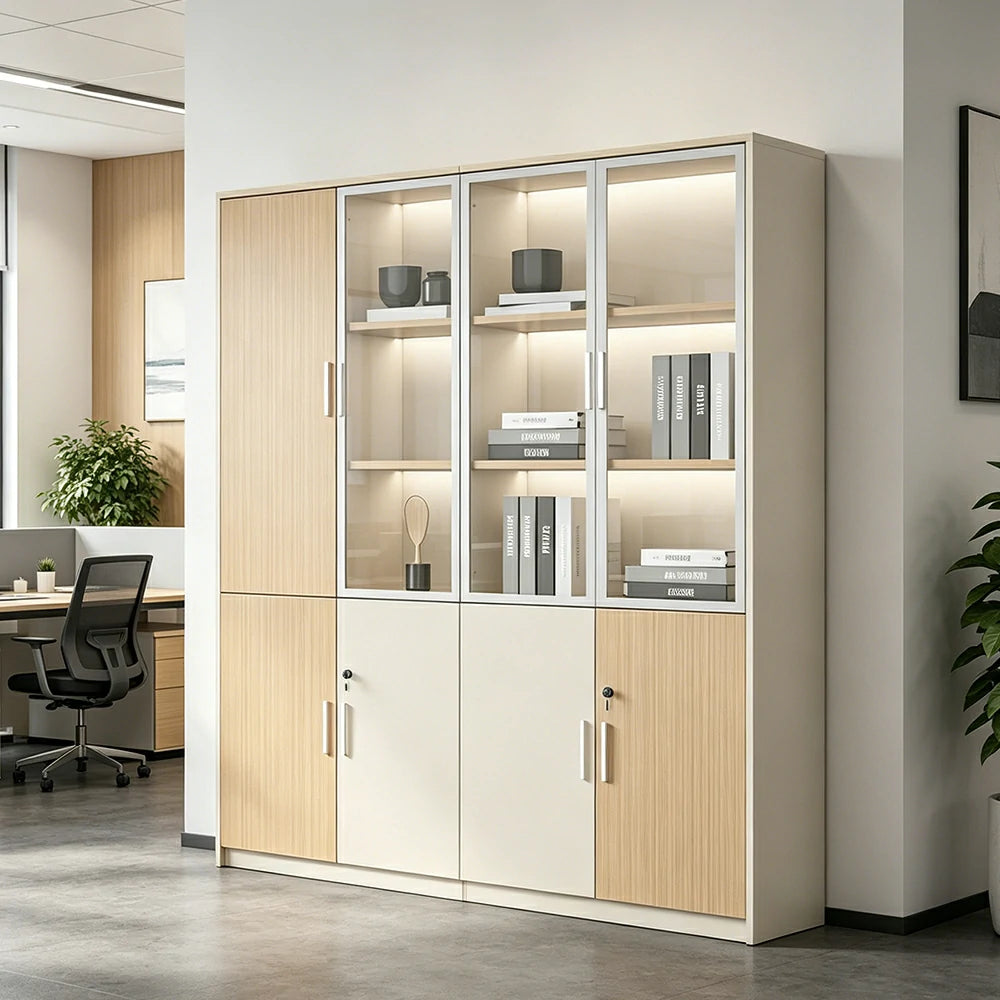 LUXORA 4 Door Left Storage Cabinet Glass Display Cabinet for Office Study Room - Natural Beige