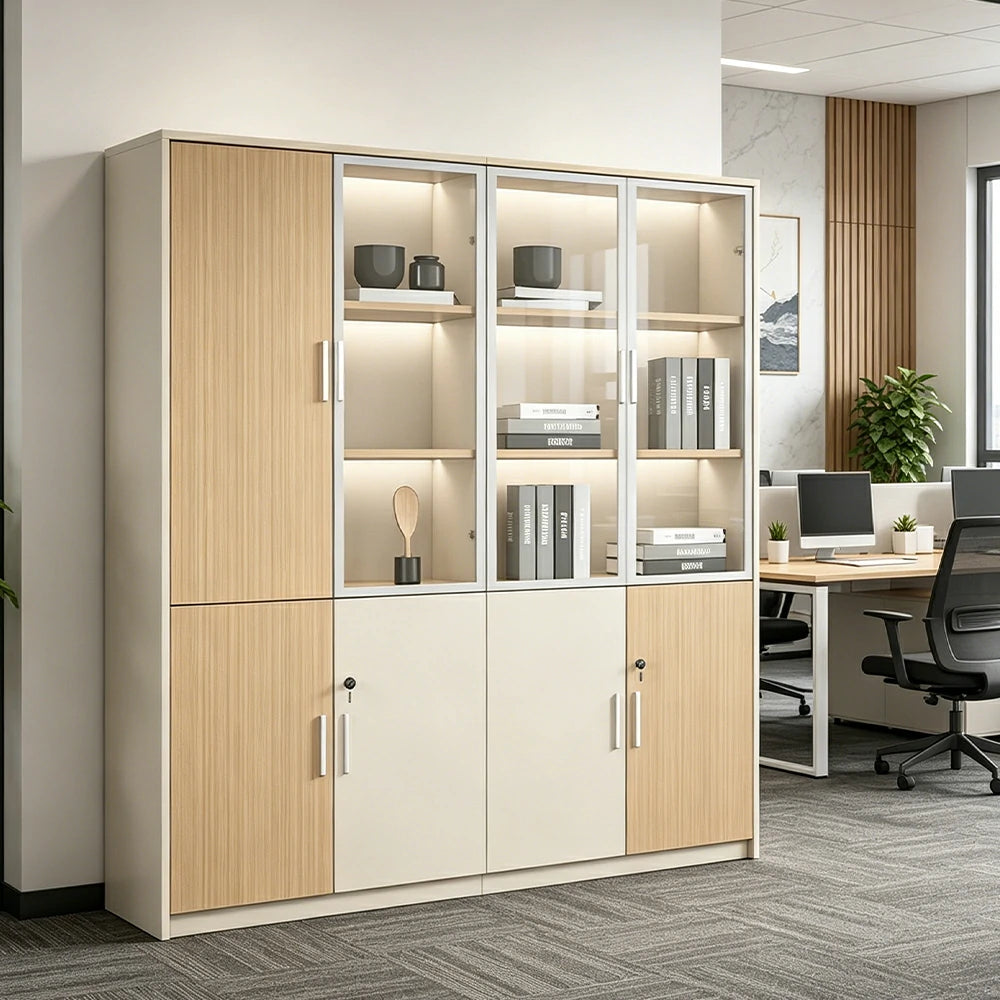 LUXORA 4 Door Left Storage Cabinet Glass Display Cabinet for Office Study Room - Natural Beige