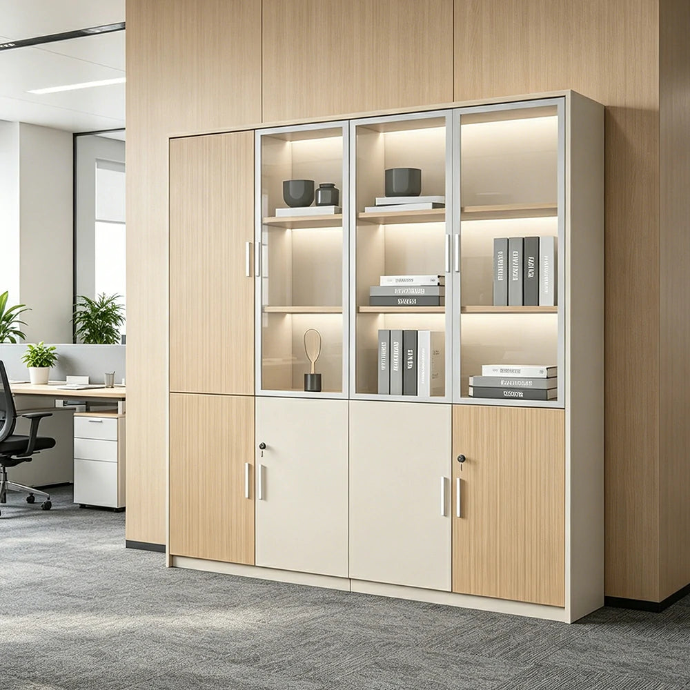LUXORA 4 Door Left Storage Cabinet Glass Display Cabinet for Office Study Room - Natural Beige