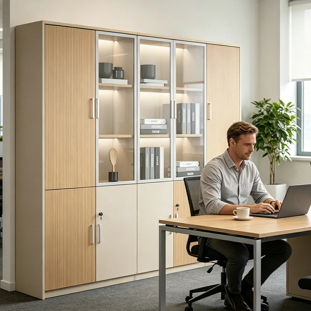 LUXORA 4 Door Left Storage Cabinet Glass Display Cabinet for Office Study Room - Natural Beige