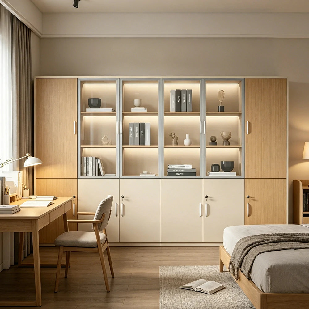 LUXORA 6 Door Left Storage Cabinet Glass Display Cabinet for Office Study Room - Natural Beige