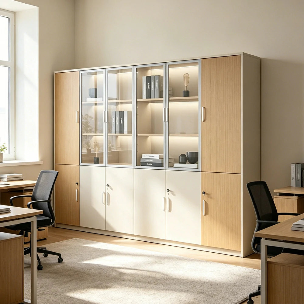 LUXORA 6 Door Left Storage Cabinet Glass Display Cabinet for Office Study Room - Natural Beige