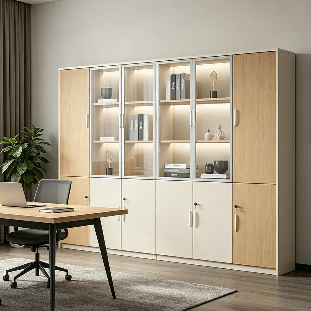 LUXORA 6 Door Left Storage Cabinet Glass Display Cabinet for Office Study Room - Natural Beige