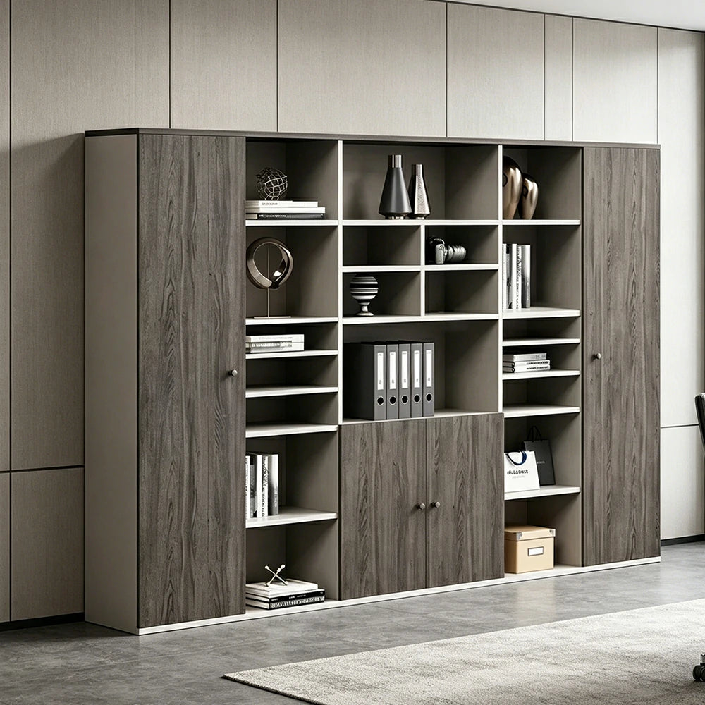 LUXORA Type A 6 Door File Cabinet with Open Shelves Office Storage Bookcase - Grey Oak