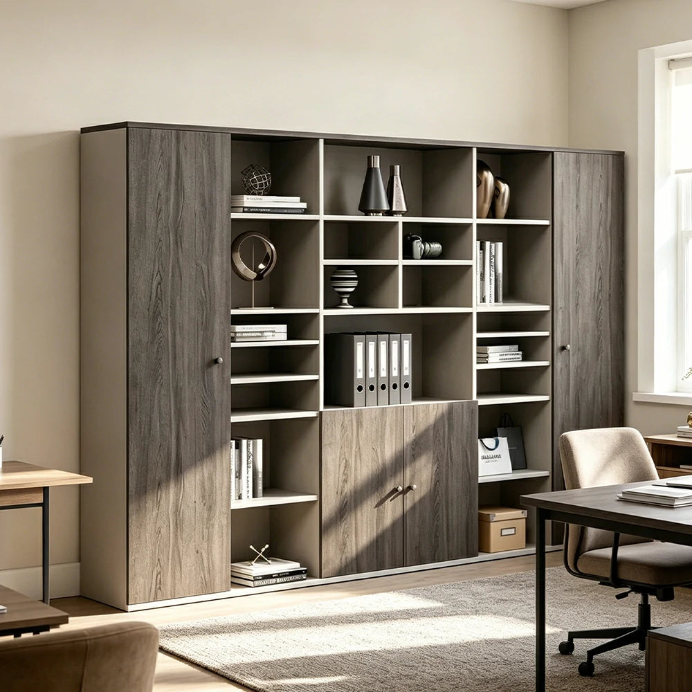 LUXORA Type A 6 Door File Cabinet with Open Shelves Office Storage Bookcase - Grey Oak