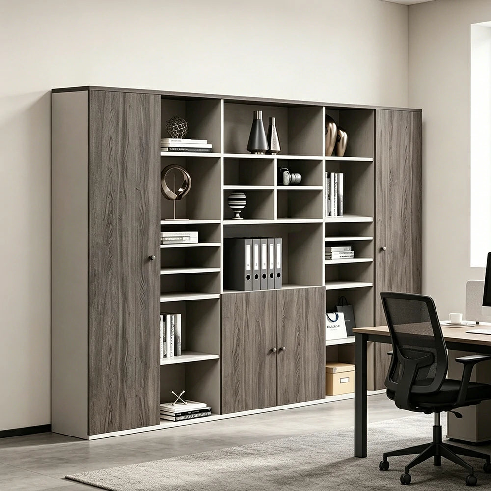 LUXORA Type A 6 Door File Cabinet with Open Shelves Office Storage Bookcase - Grey Oak